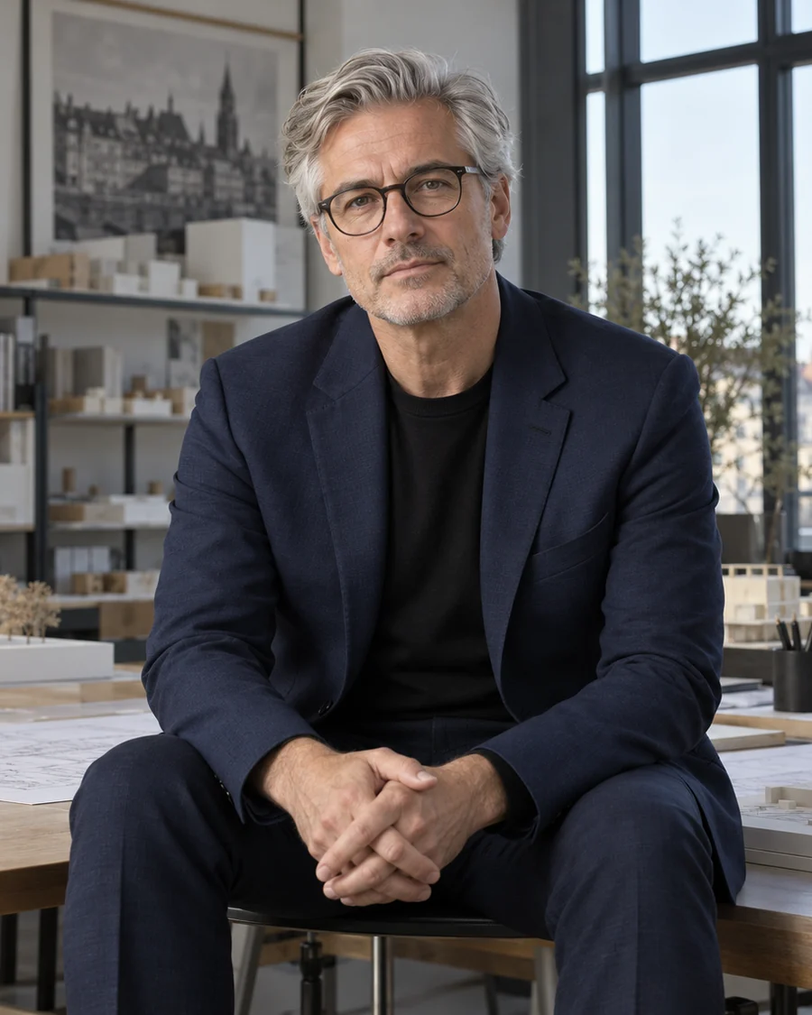 Fiktiver erwachsener Mann mit silbernem Haar in einem Münchner Architekturbüro