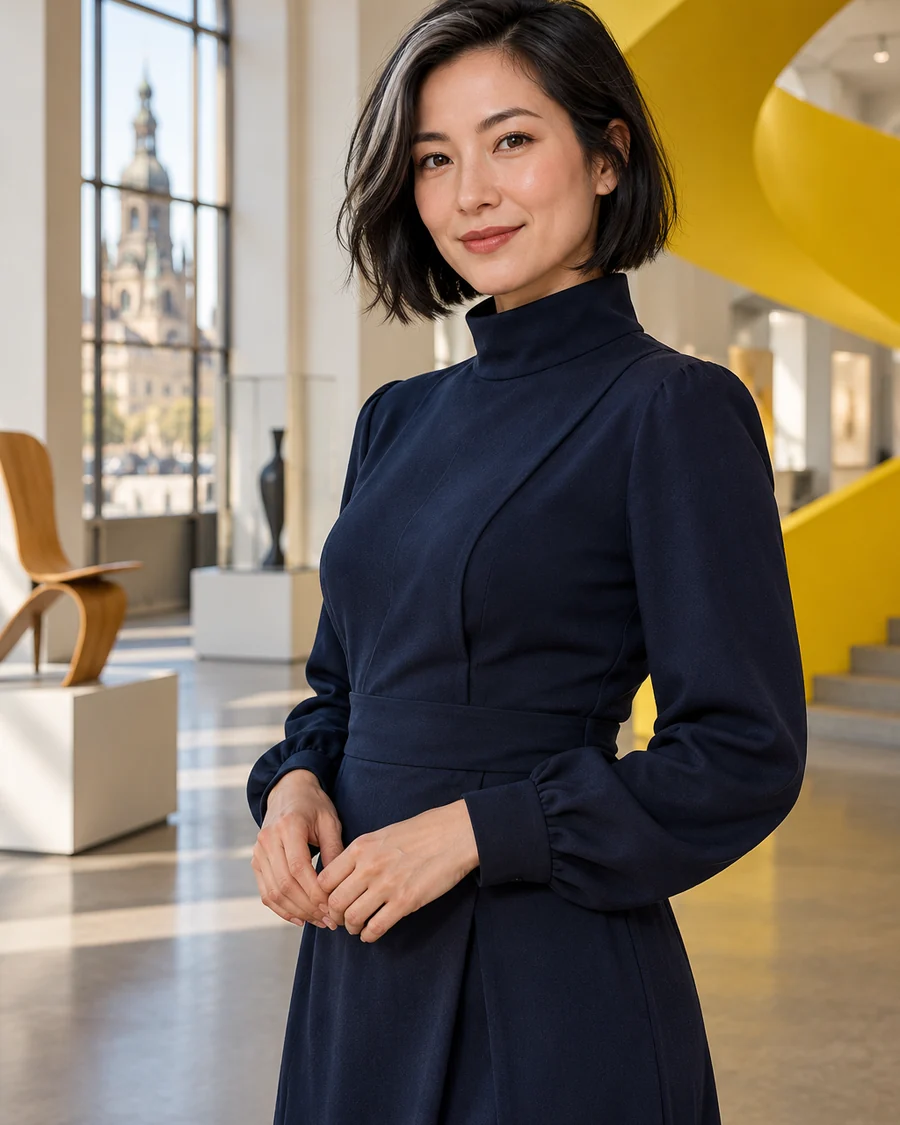 Fiktive erwachsene Frau im dunkelblauen Kleid in einem Designmuseum